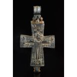 BYZANTINE BRONZE RELIQUARY CROSS WITH CHRIST AND SAINTS IN ROUNDELS