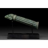ROMAN BRONZE PATERA HANDLE WITH RAM'S HEAD AND SILVER INLAY
