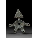 ROMAN BRONZE OIL LAMP WITH FOUR SPOUTS