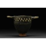 ATTIC IRON-BLACK GLAZED KYLIX WITH ELABORATE DECORATION