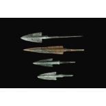 GROUP OF FOUR ANCIENT BRONZE SPEARHEADS