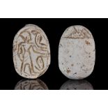 EGYPTIAN STEATITE SCARAB WITH HORUS AND URAEUS