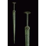 ANCIENT BRONZE SWORD WITH ELABORATE HANDLE - SUPERB PATINA