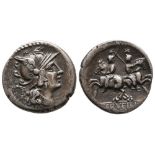 ROMAN REPUBLIC C. SERVILIUS M.F. 136 BC.ROME. AR DENARIUS