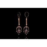 BYZANTINE MATCHING PAIR OF GOLD EARRINGS WITH CROSS GARNETS AND PEARLS