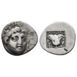 ISLANDS OFF KARIA, RHODES, PLINTHOPHORIC AR HEMIDRACHM, MAGISTRATE ATHANODOROS, CA. 170-150 BC