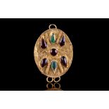 GREEK HELLENISTIC GOLD PENDANT WITH GARNETS AND EMERALDS