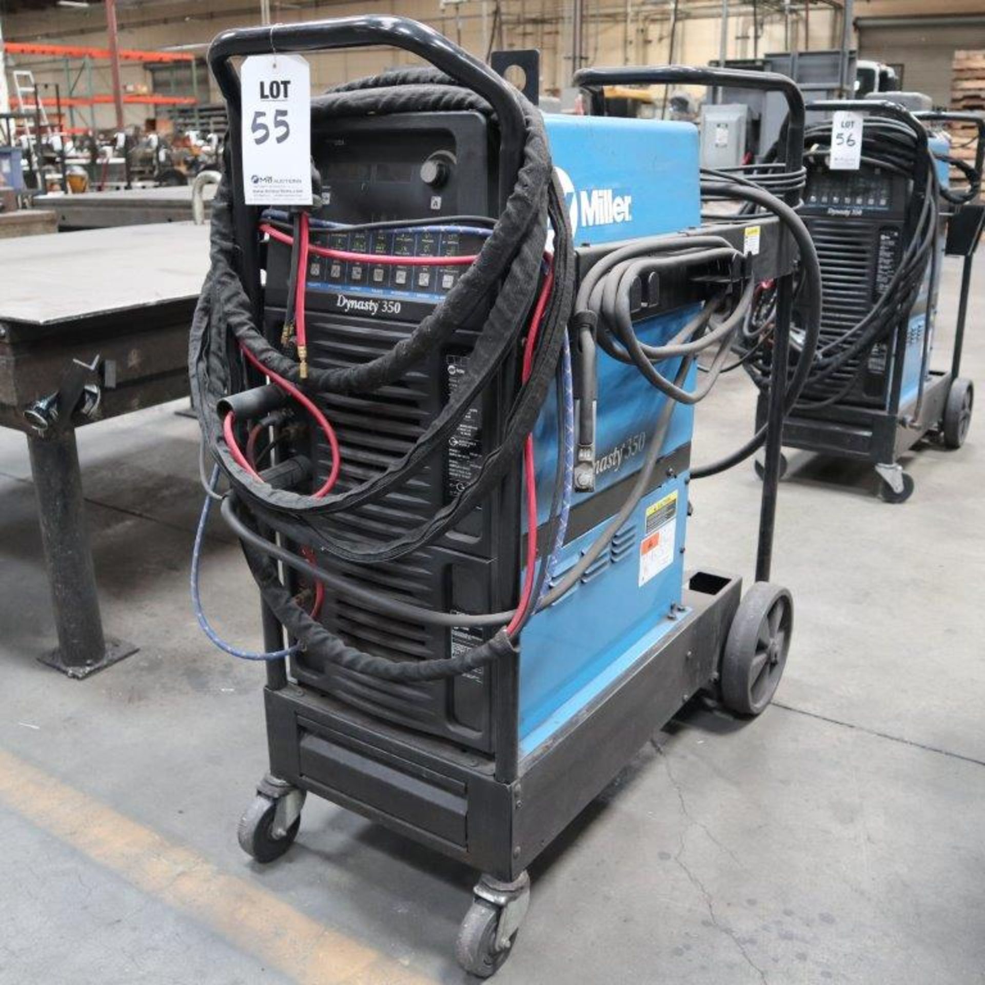 MILLER DYNASTY 350 AC/DC TIG AND STICK WELDER, WATER COOLED, WITH ROLLING CART AND CABLES, S/N