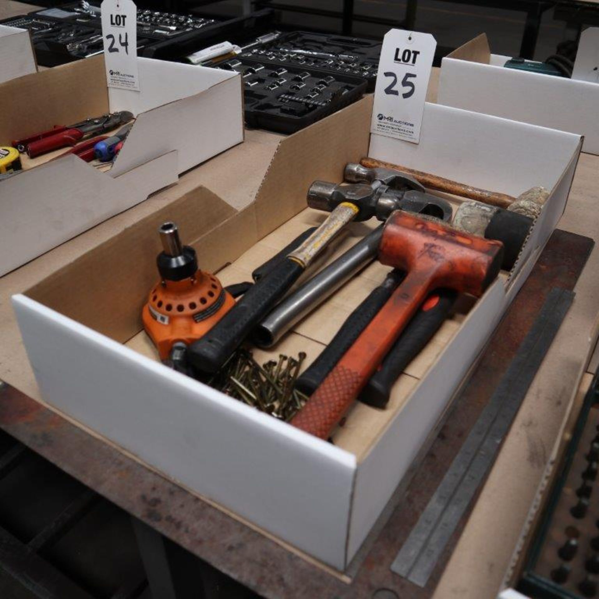 LOT TO INCLUDE: RIDGID PALM NAILER MODEL 2350PNF, CARPENTER HAMMERS, BALL PEEN HAMMERS, MALLETS, AND
