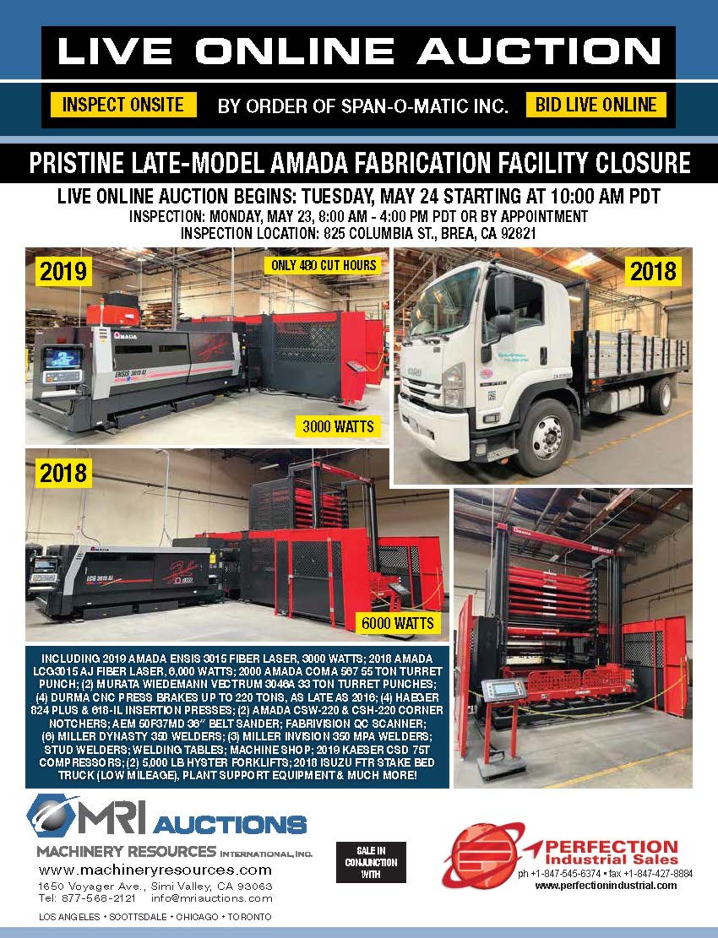 PRISTINE LATE MODEL AMADA FABRICATION FACILITY CLOSURE – By Order Of Span-O-Matic Inc.