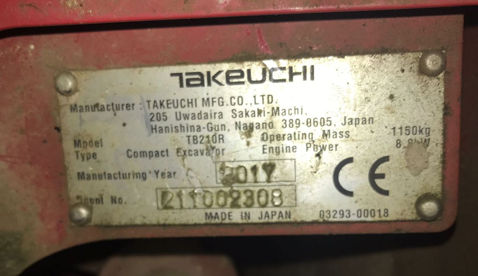 Takeuchi TB210R Compact Excavator with Rubber Tracks & Blade (2017), Serial Number; 211002308, 99 - Image 7 of 10