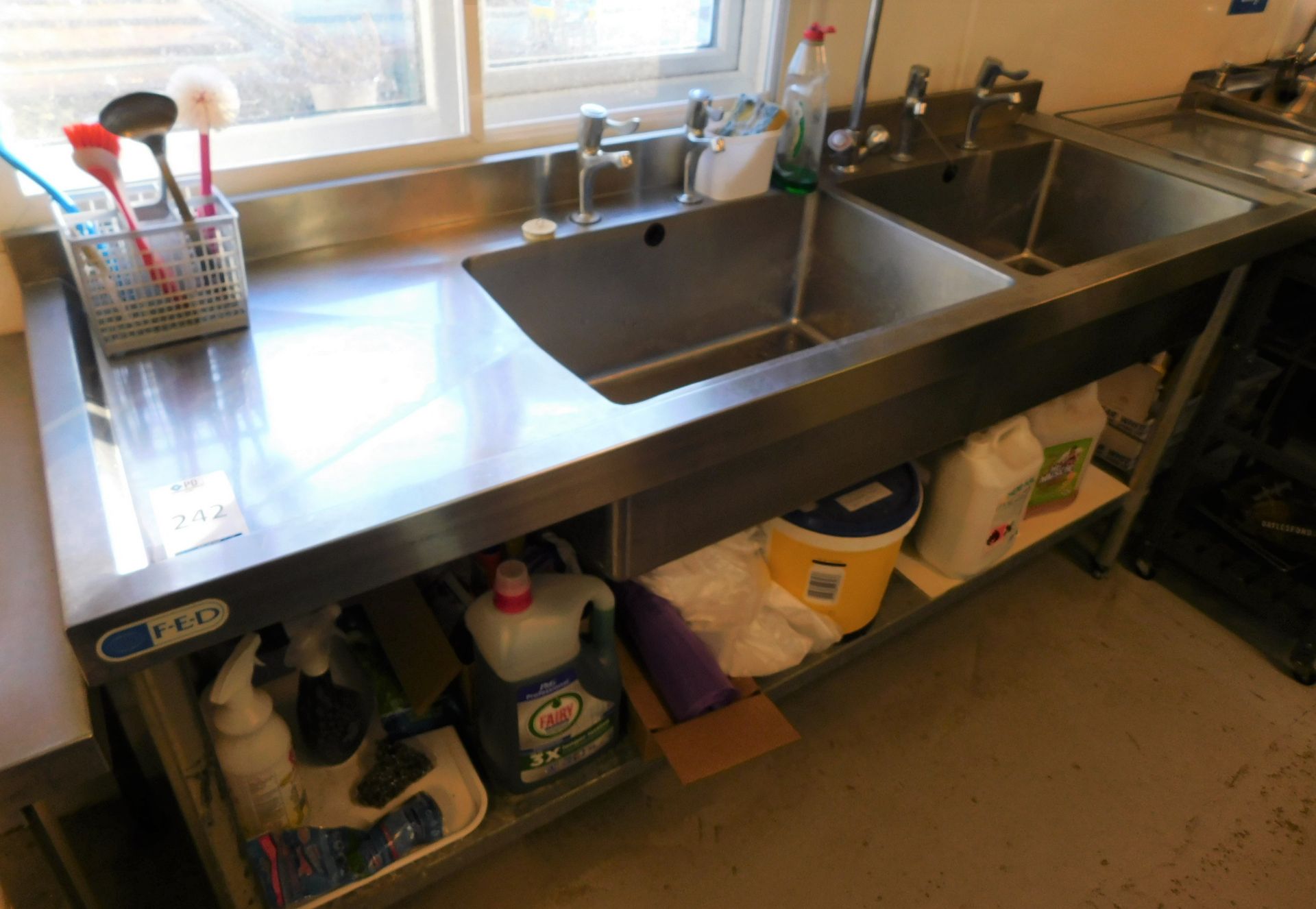 Stainless Steel Double Deep Sink Unit with Goose Neck Washer (Location: Over Norton. Please Refer to