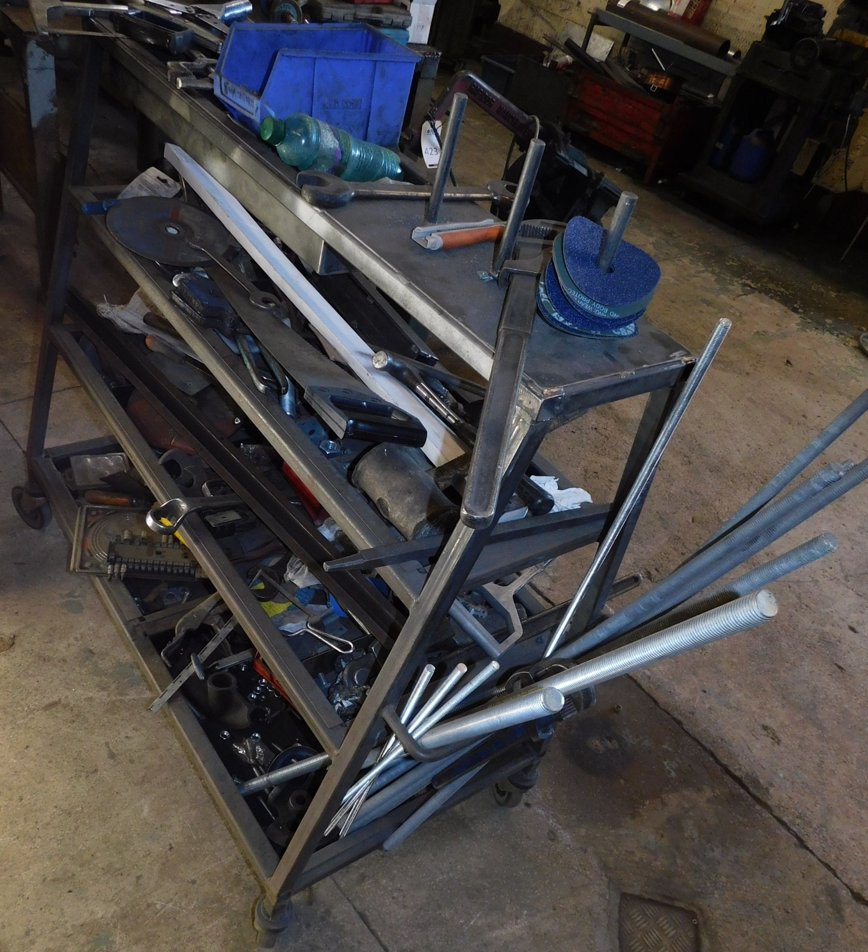 Steel Fabricated 3-Tier Trolley & Contents of Assorted Hand Tools etc. (Location: Liverpool.