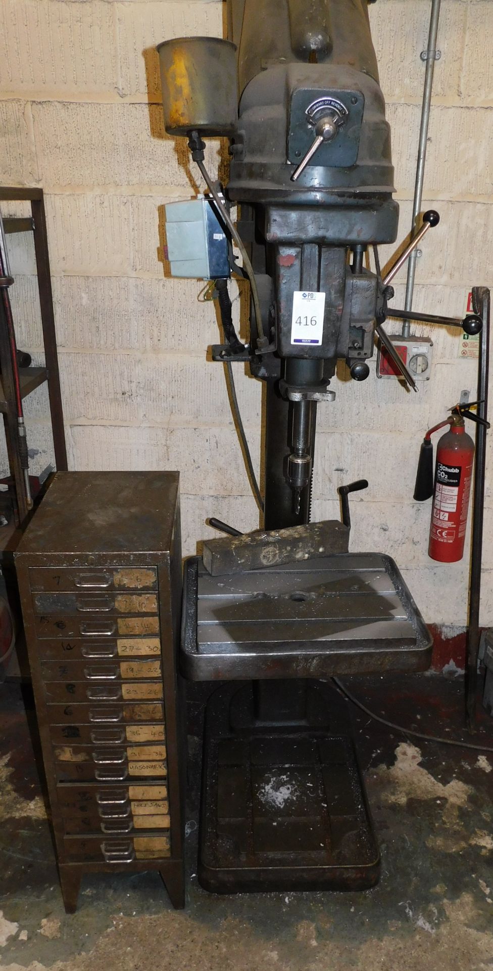 Progress No 3A Pillar Drill, Serial Number; 2348640 with Multi Draw Cabinet of Drill Bits etc. (