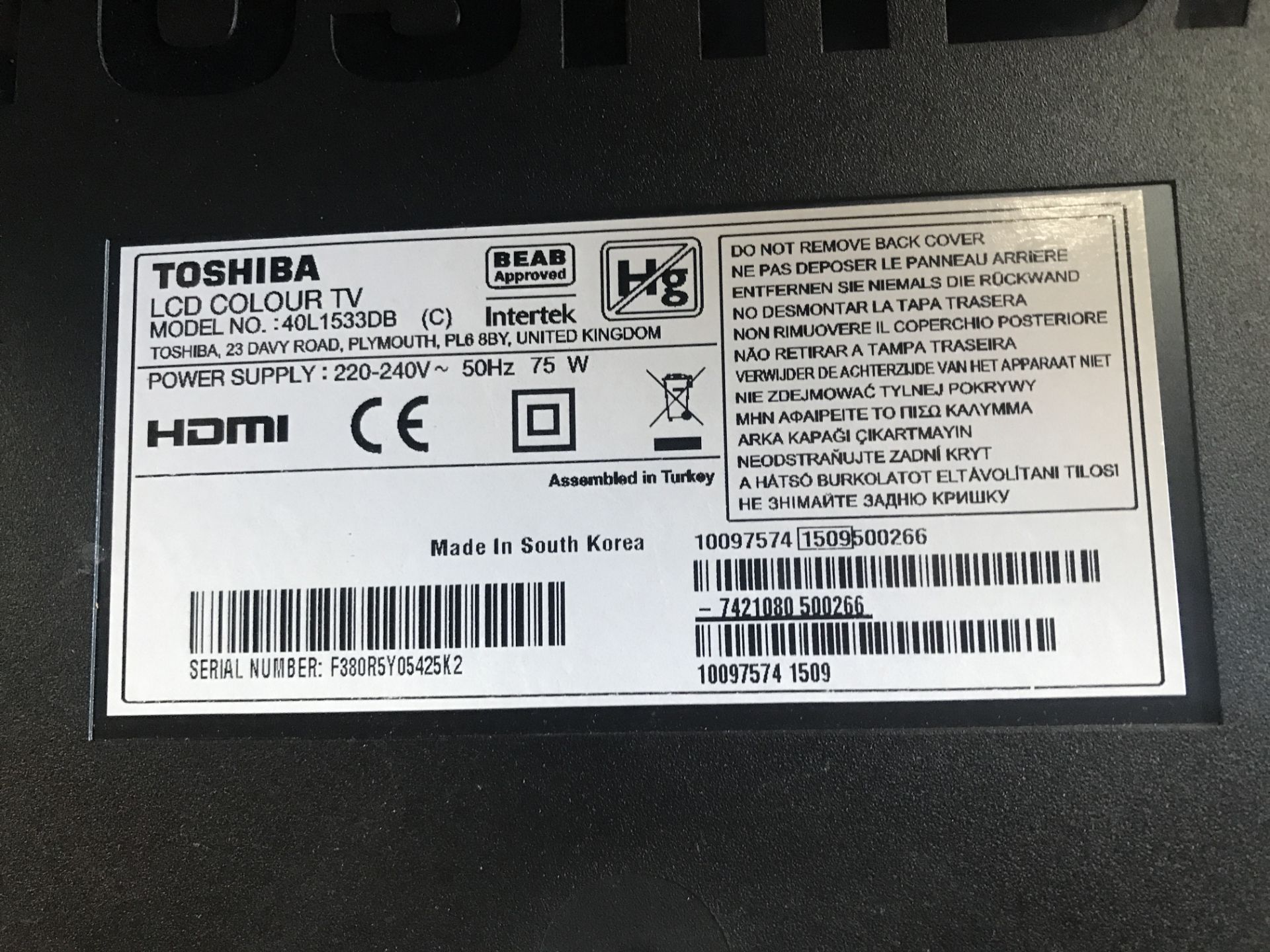 Toshiba Model 40L1533DB LCD Colour TV (Location: Brentwood. Please Refer to General Notes) - Image 2 of 2