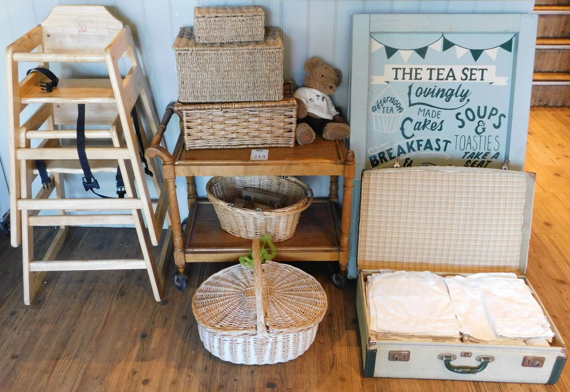 2 Wooden Highchairs, Medium Oak 2-Tier Trolley, A Board & 1930’s Suitcase with Towels etc. (