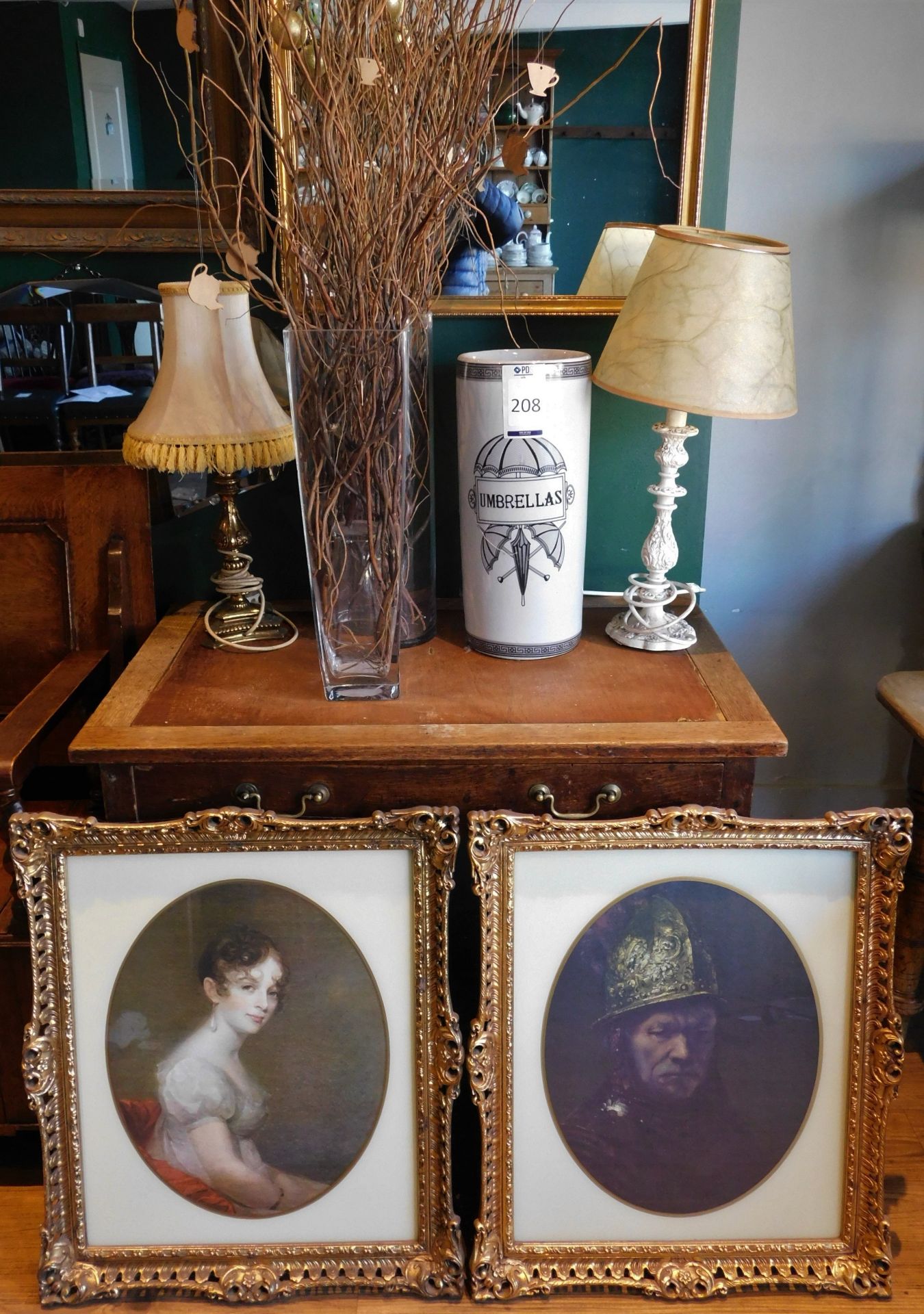 Pair of Reproduction Framed Portraits, Umbrella Stand, 2 Glass Vases & 2 Table Lamps (Excludes