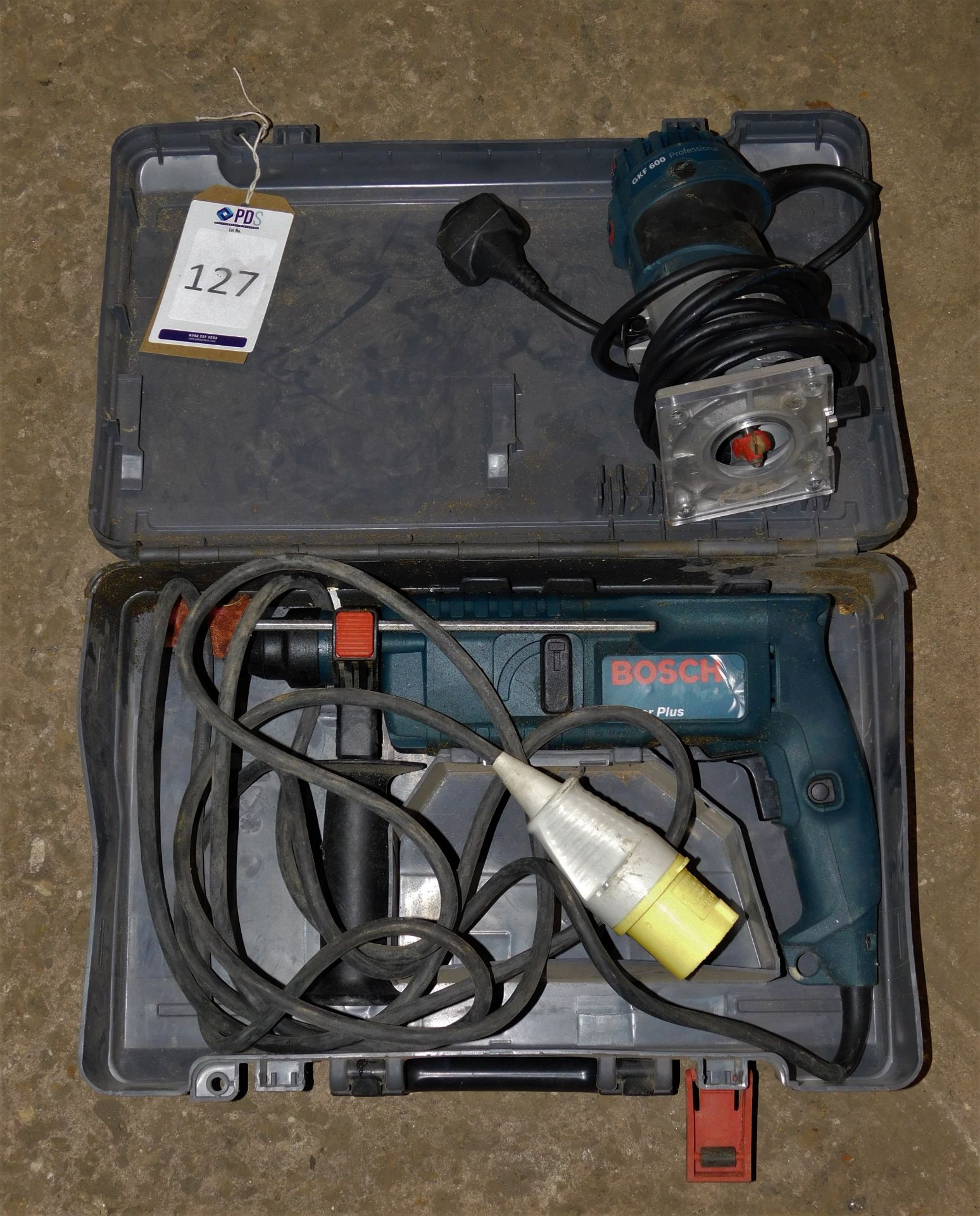 Bosch “Power Plus” Hammer Drill, 110v & a Bosch GKF600 “Professional” Palm Router, 240v (Location: