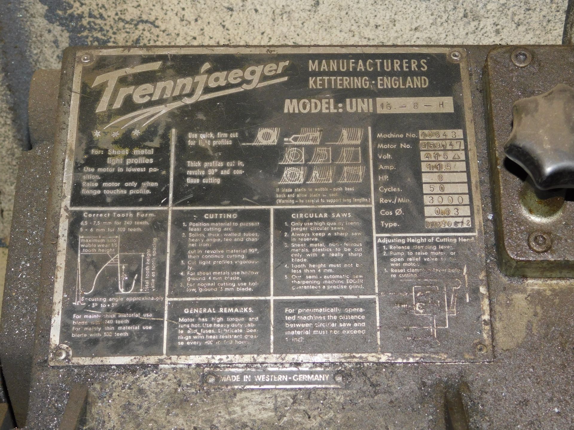 Trennjaeger Model UNI16-8-H High Speed Circular Cold Saw, Serial Number 10643 (Location: Finedon - - Image 3 of 3