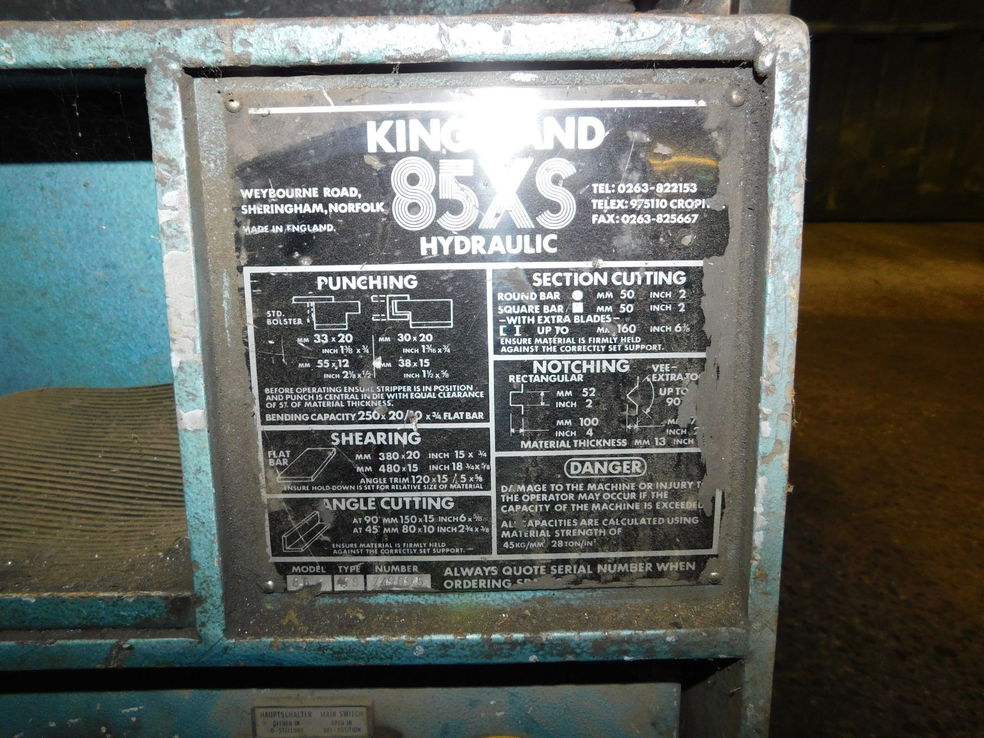 Kingsland 85XS Hydraulic Metal Worker, Serial Number Z49095 (Location: Finedon - Please Refer to - Image 3 of 3