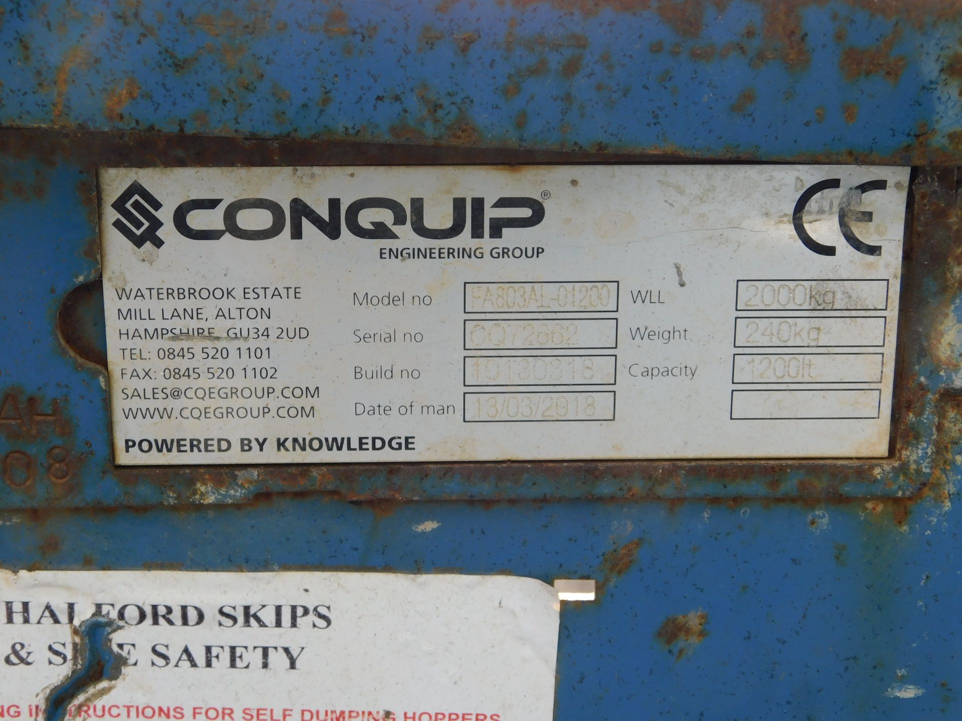 Conquip Forklift Truck Tipping Skip, 2000kg., 1200L (Location Brentwood. Please Refer to General - Image 2 of 2