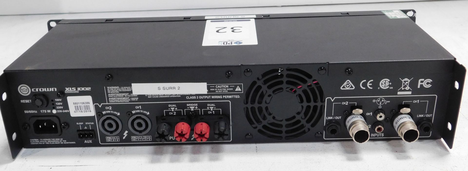 Crown XLS1002 Rack-Mount Power Amplifier (Location Brentwood. Please Refer to General Notes) - Image 2 of 2