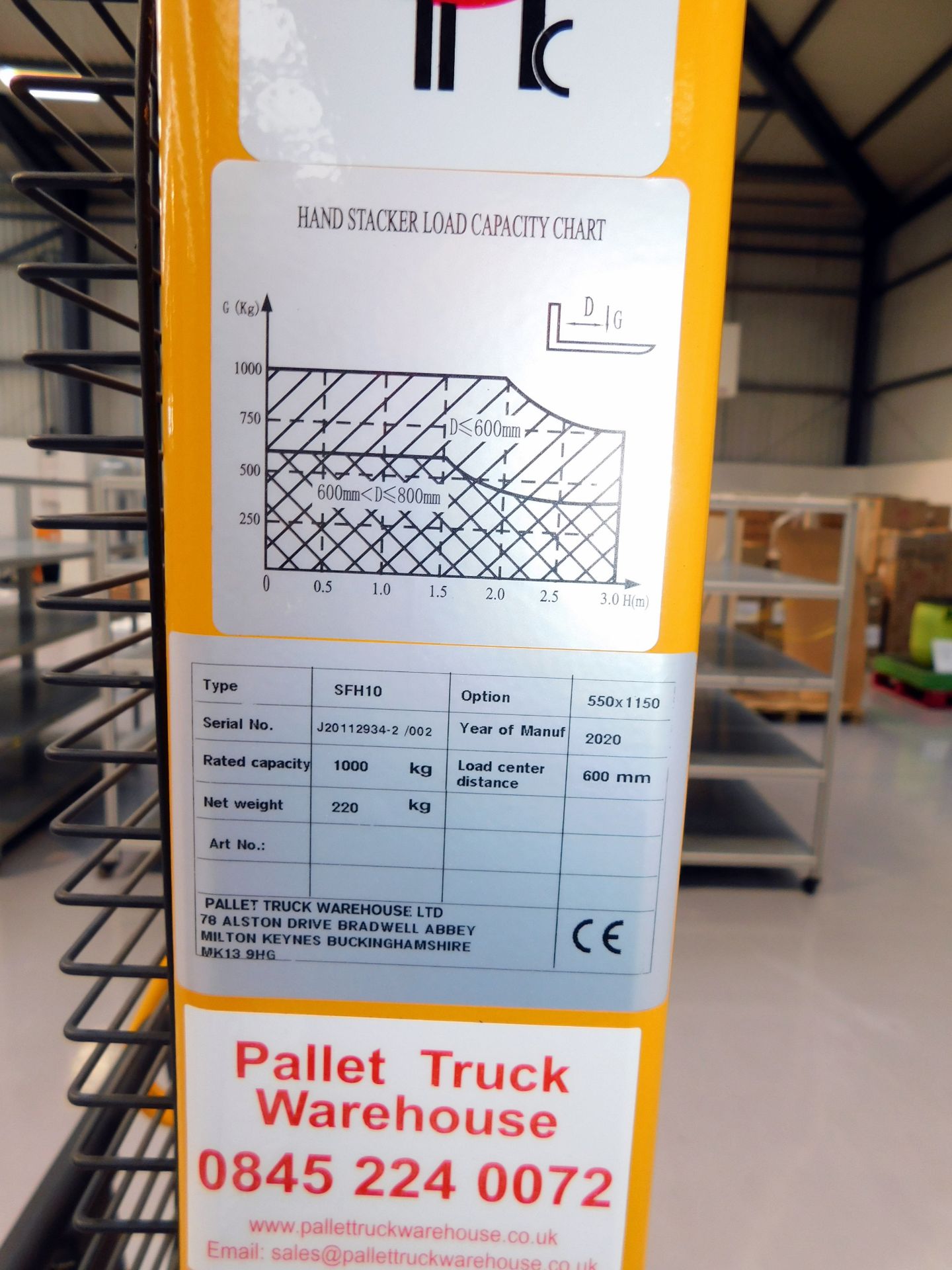 Type SFH10 Manual Stacker Pallet Lifter (2020), Capacity 1,000kg, Serial Number; J20112934-2/002 - Image 3 of 7