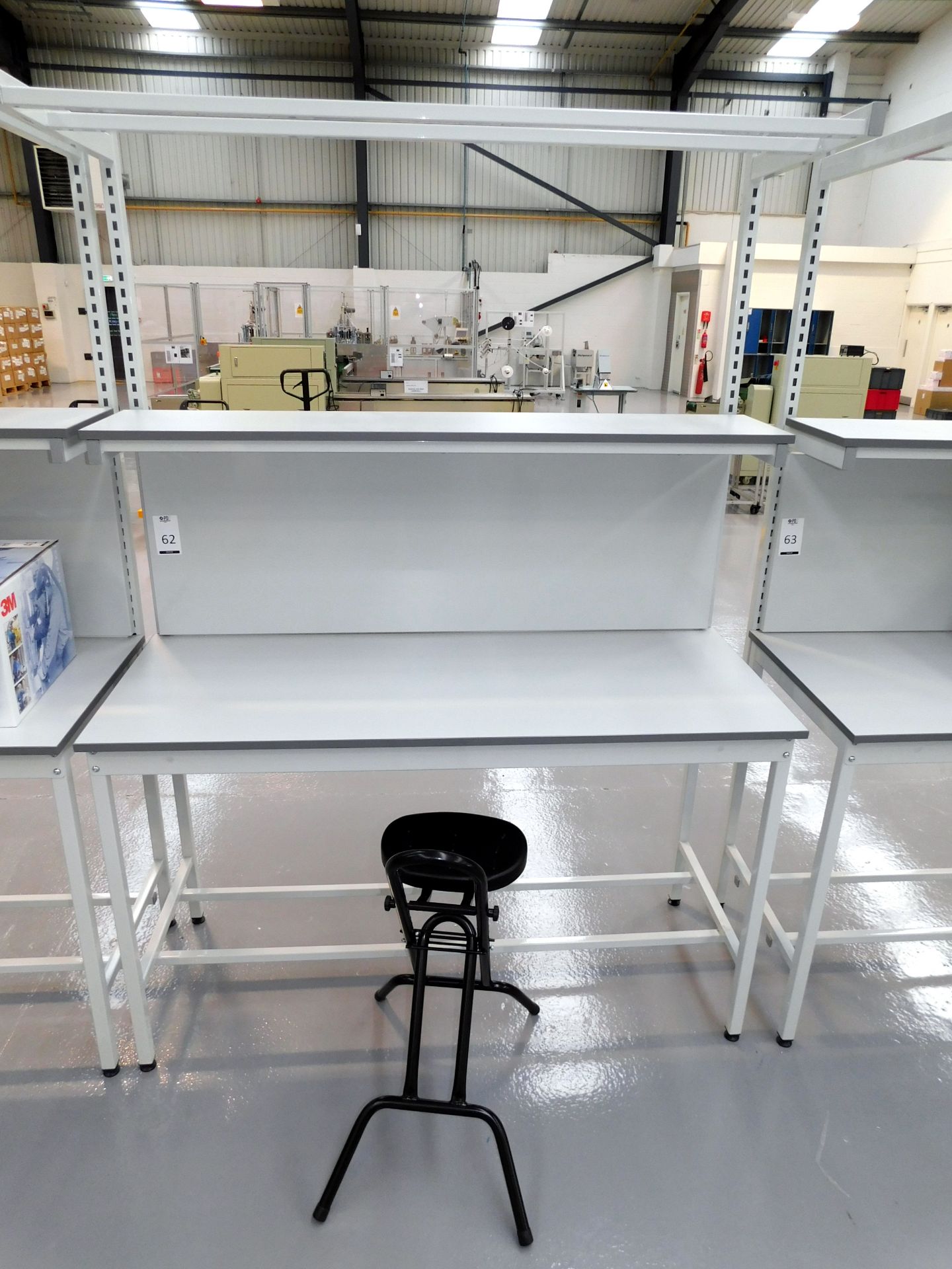 Packaging Bench with Over Shelf & Folding Stool (Bench Approx. 150cm (W) x 64cm (D) x 210cm (H))