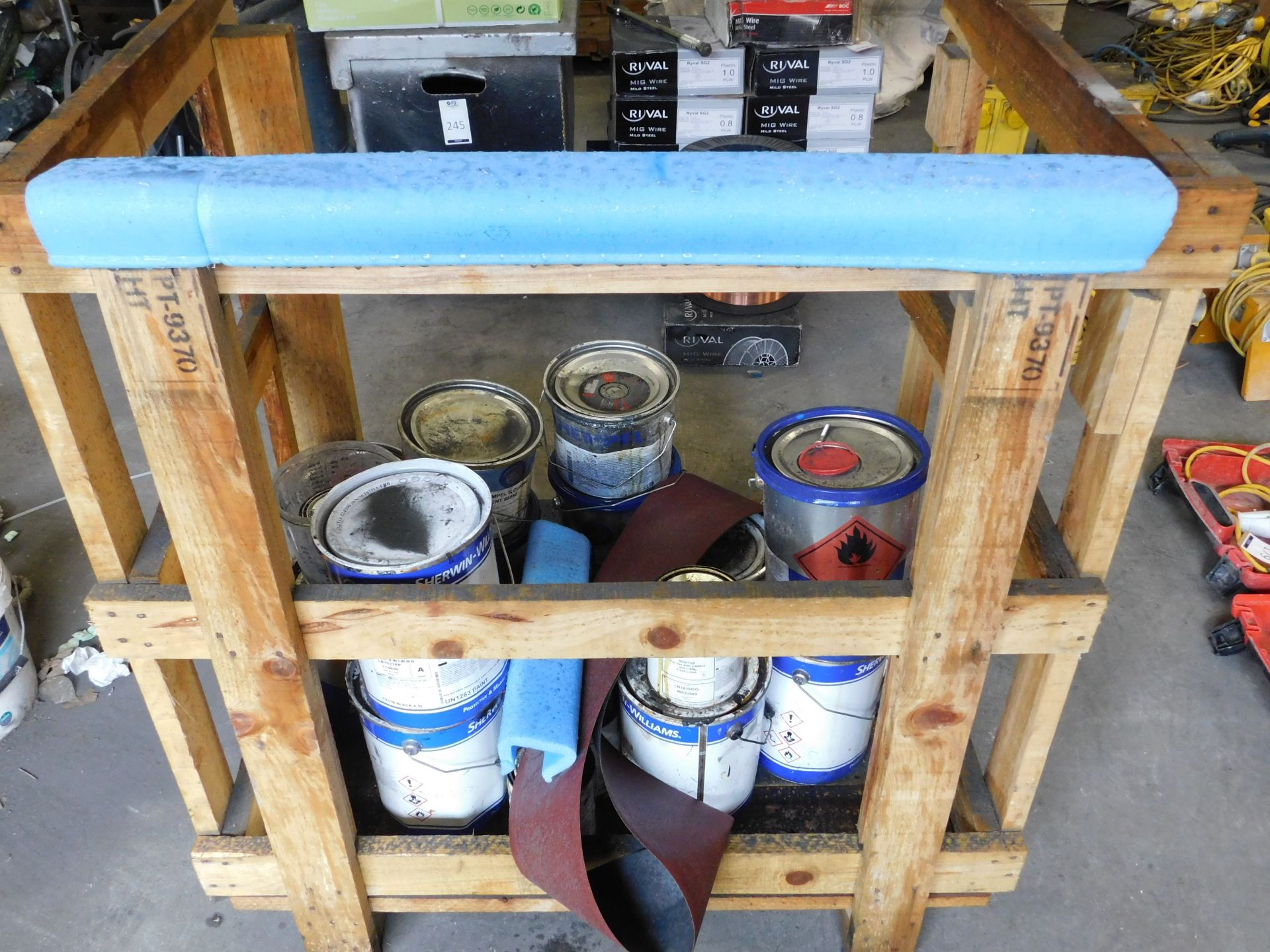 Wooden Stillage & Contents Comprising Assorted Paints (Location: Tottenham. Please Refer to