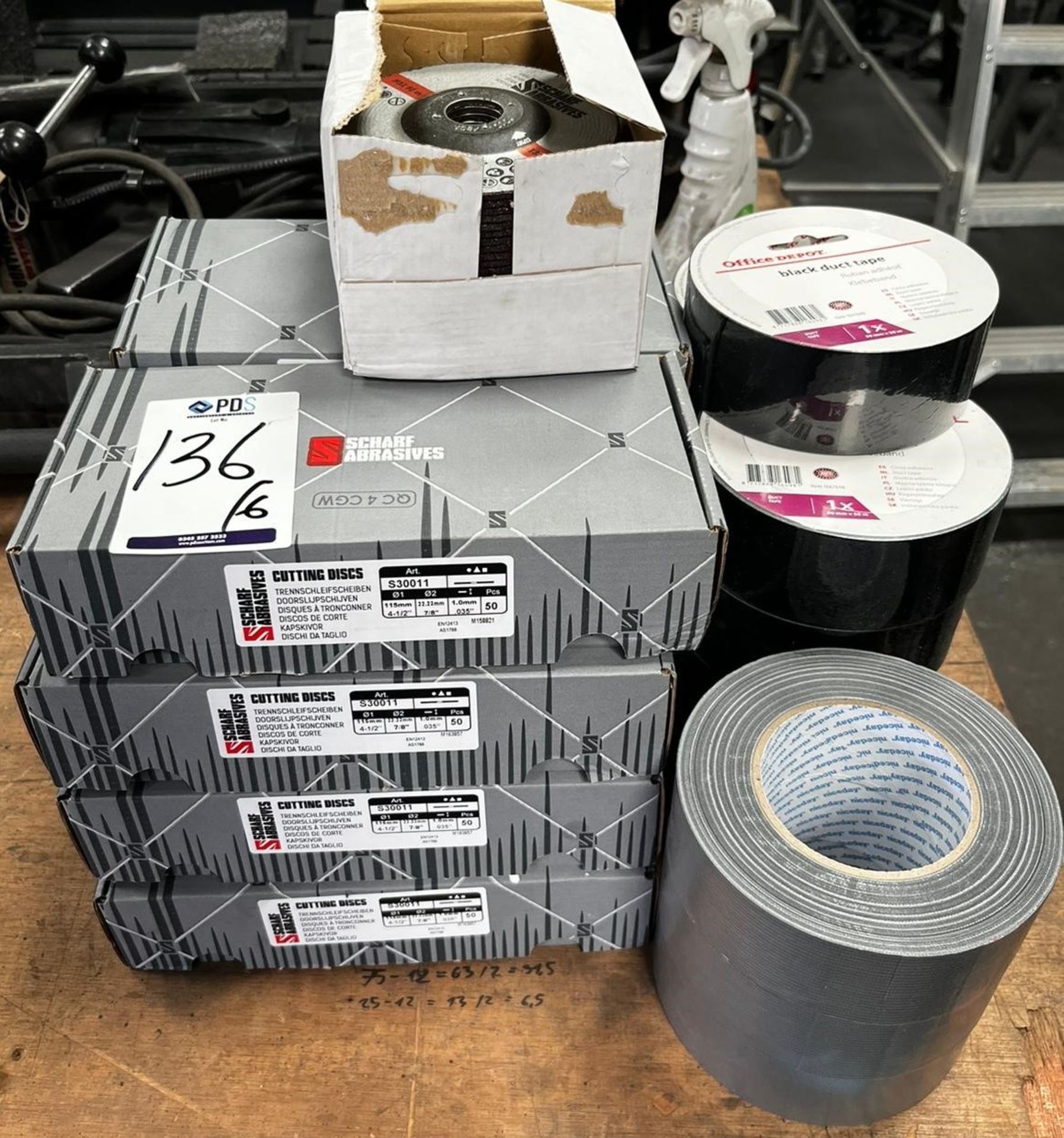 Eight Boxes x50 Scharf Abrasives S30011 Cutting Discs & Twelve Rolls of Duct Tape (Location: