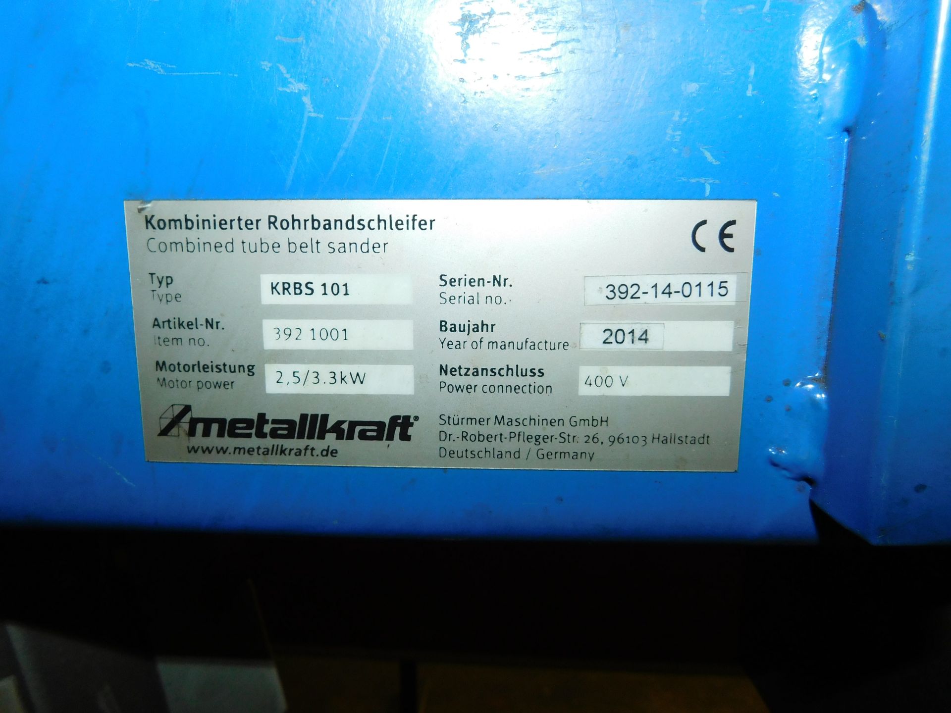 Metallkraft KRBS101 Combined Tube Belt Sander, Serial Number 3921001, 400v (Location: Tottenham. - Image 3 of 8