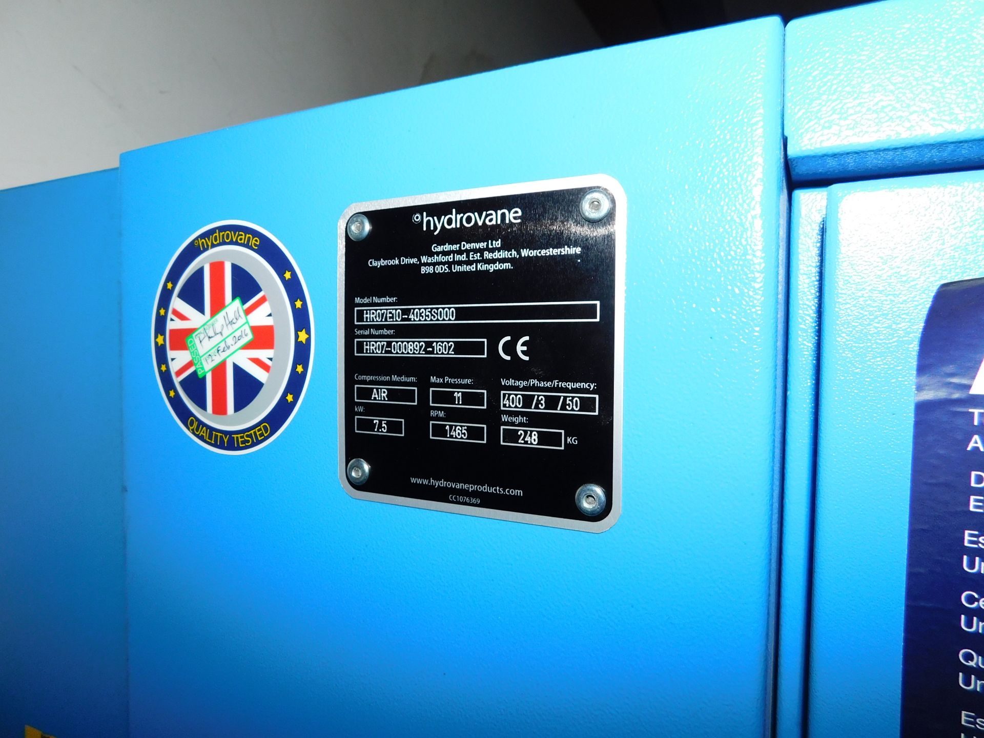 Hydrovane HR07E10/4035S000 Receiver Mounted Packaged Compressor, Serial Number: HR07/000892/1602 ( - Image 3 of 3