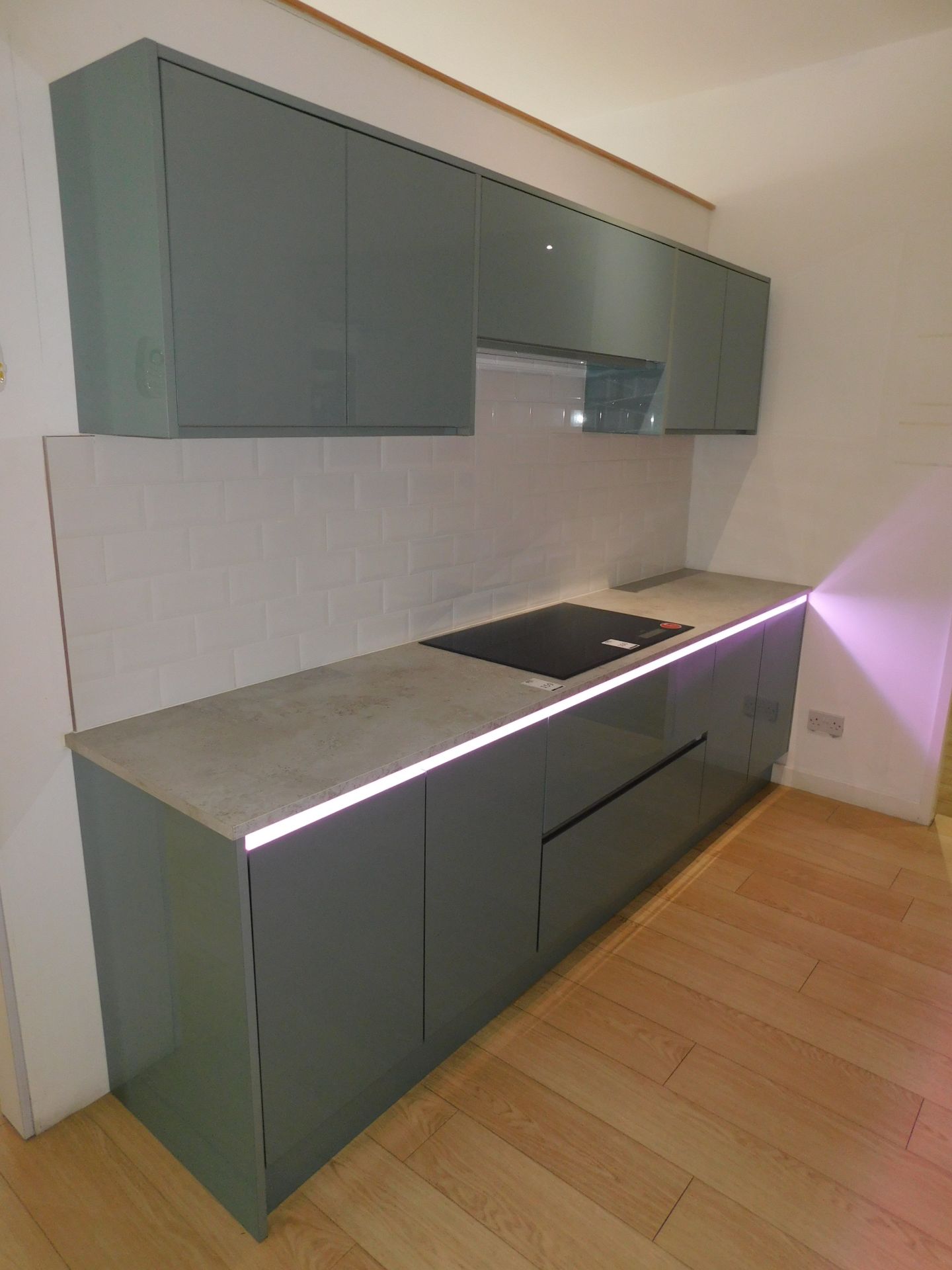 Riva Metallic Blue Ex-Display Kitchen, Ceramic Chalk 25mm Laminate Worktop, Under Plinth Lighting (