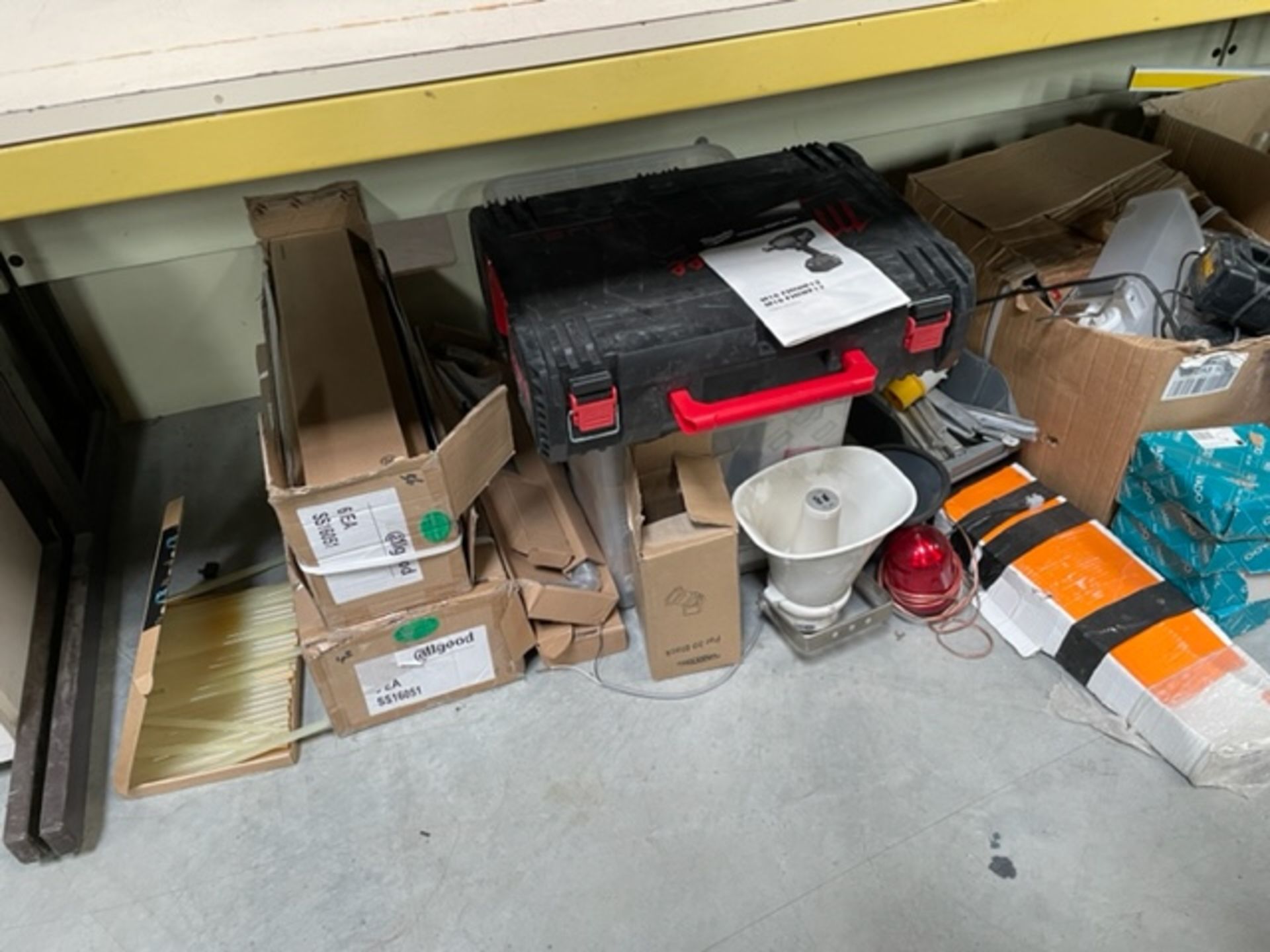 Contents Under Benches Including; Plastic Barriers, 2 Pipe Benders, Stainless Steel Door - Image 2 of 6