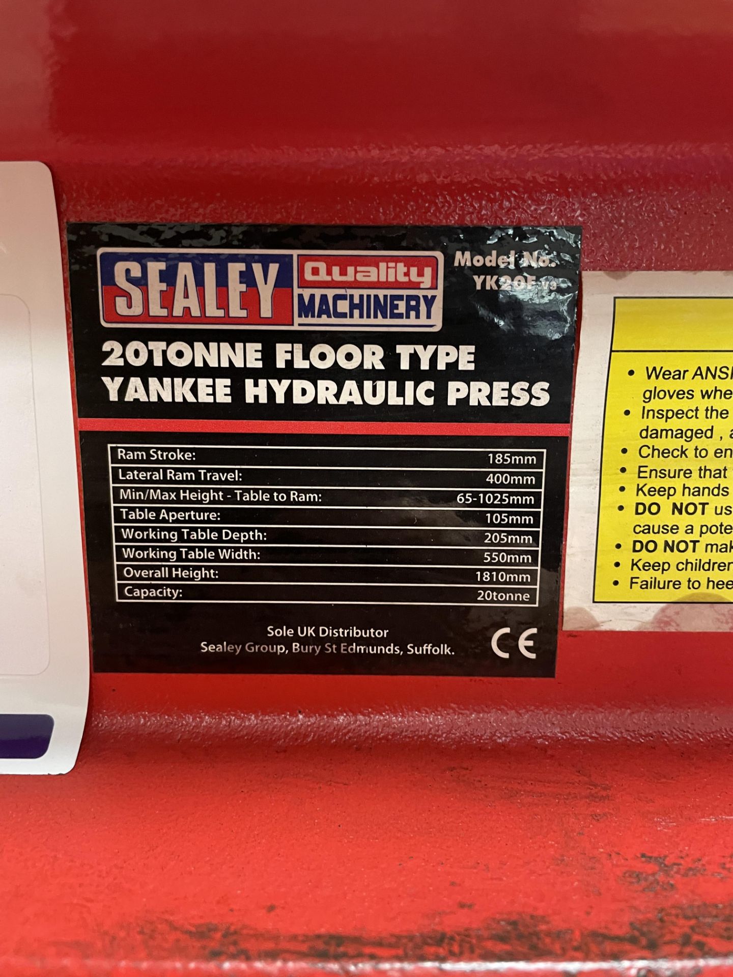 Sealey Yankee YK20F.V3 20-Tonne Floor Type Hydraulic Press (Location Surbiton . Please Refer to - Image 2 of 2