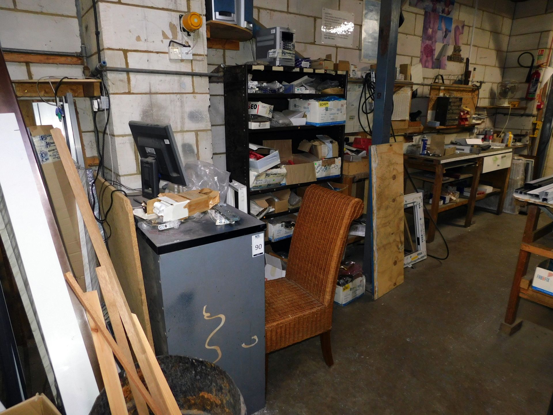 2 Work Benches, Multi Drawer Cabinet, Steel Shelving Unit & Contents (Location: Bedford. Please