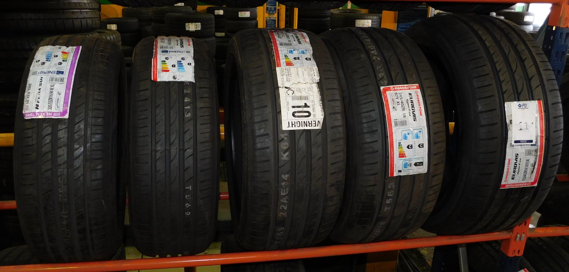 5 tyres, size 255/45 18 (1 Roadstone) & size 205/55 16 (1 Roadstone, 1 Nexen) & size 245/40 18 (2