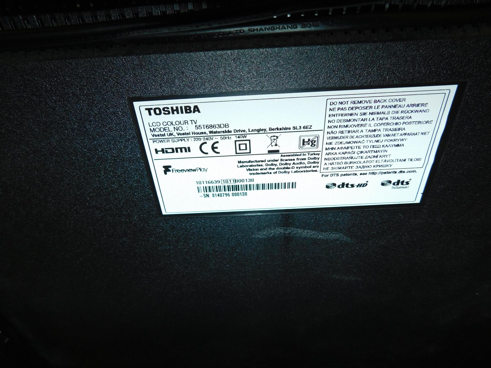 Toshiba 55T6863DB LCD Colour Television (Damaged) (Location Stockport. Please Refer to General - Bild 2 aus 2