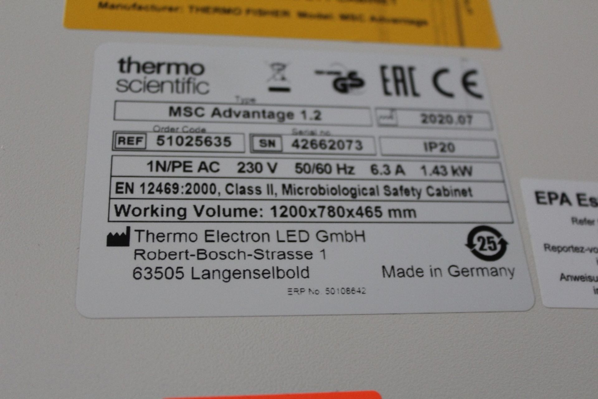 Thermo Scientific MSC-Advantage 1.2 Bio Safety Cabinet. SN# 42662073 (July 2020) (Location: - Image 2 of 3