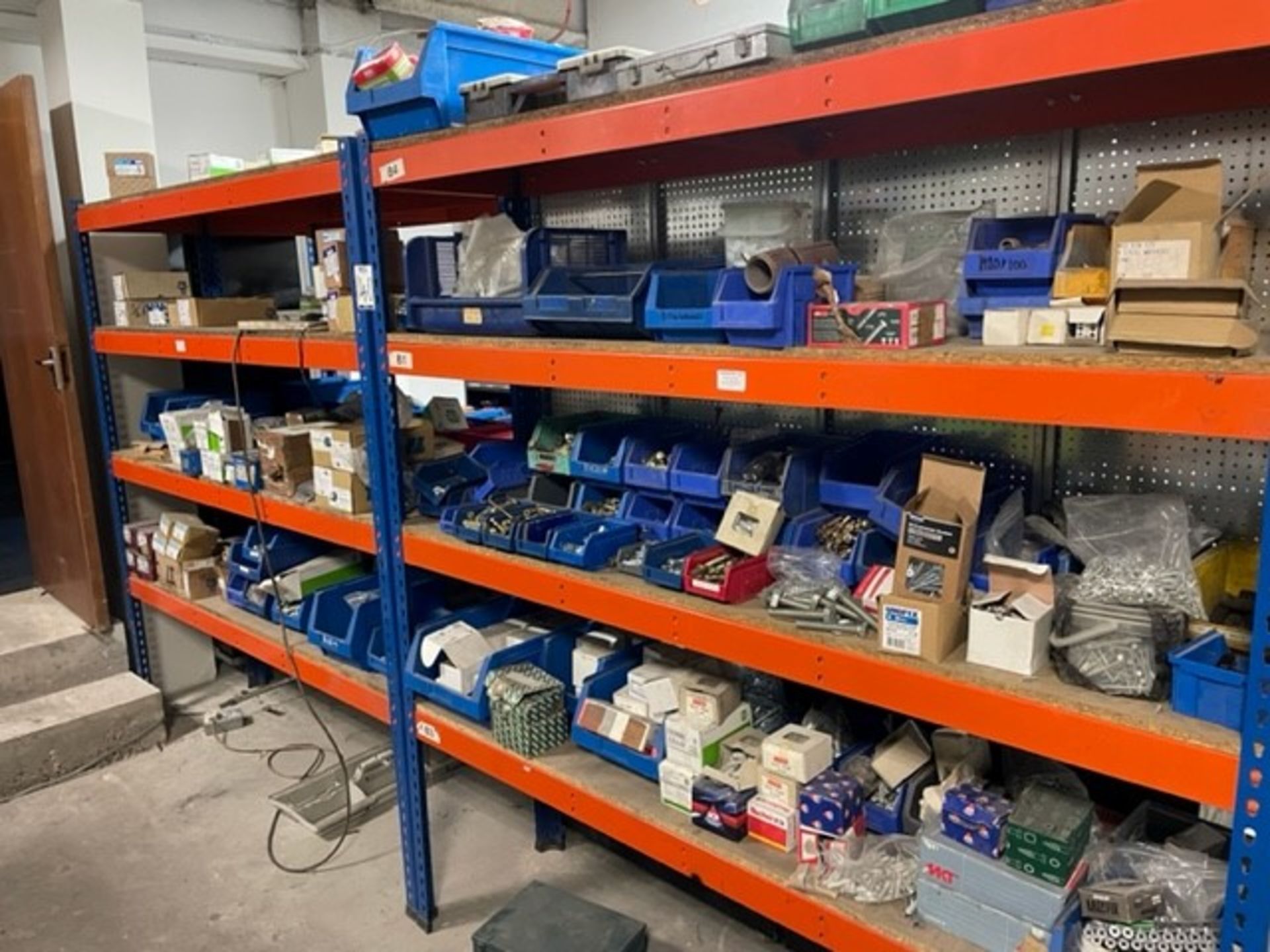Contents of 2 bays of Blue/Orange shelving at rear comprising Lin Bins & contents of assorted