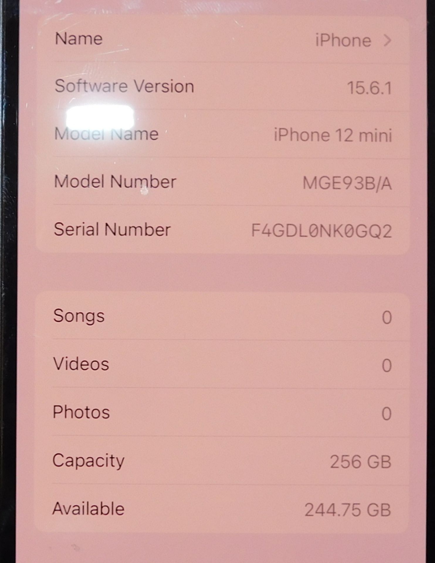 Apple iPhone 12 Mini, 256 GB Capacity, Serial Number F4GDL0NK0GQ2 (Location Stockport. Please - Bild 3 aus 3