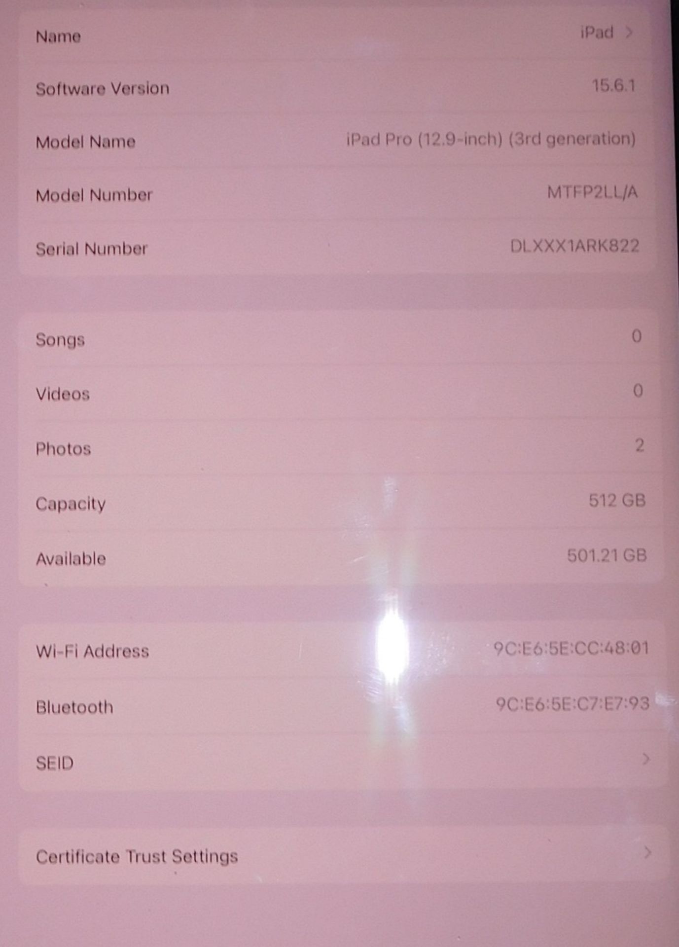 Apple iPad Pro, 12.9 inch, 3rd Generation, A1876, Serial Number DLXXX1ARK822, 512 GB Capacity ( - Image 4 of 4