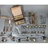 Box of silver plate to include various flatware, napkin rings, a toast rack, etc. (B.P. 21% + VAT)