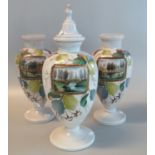 Victorian opaline glass lidded vase and garniture set with multi-coloured foliage, the panels