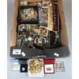 Box of assorted costume jewellery and silver items, dress rings, bangles, brooches, cameos, silver