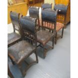 Set of six Edwardian oak framed spindle backed dining chair with embossed American cloth