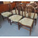 Set of six Georgian style mahogany lyre backed dining chairs having serpentine upholstered seats