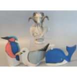 Collection of studio pottery animals hand made by Terri Smart to include; kingfisher, blue whale and