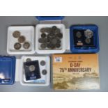Box of assorted coins, various 50 pence pieces, Battle of Waterloo, world war coins, etc. (B.P.