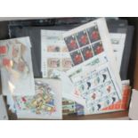 All world collection in box; stamps on cards, in packets, First Day Covers and postcards. (B.P.